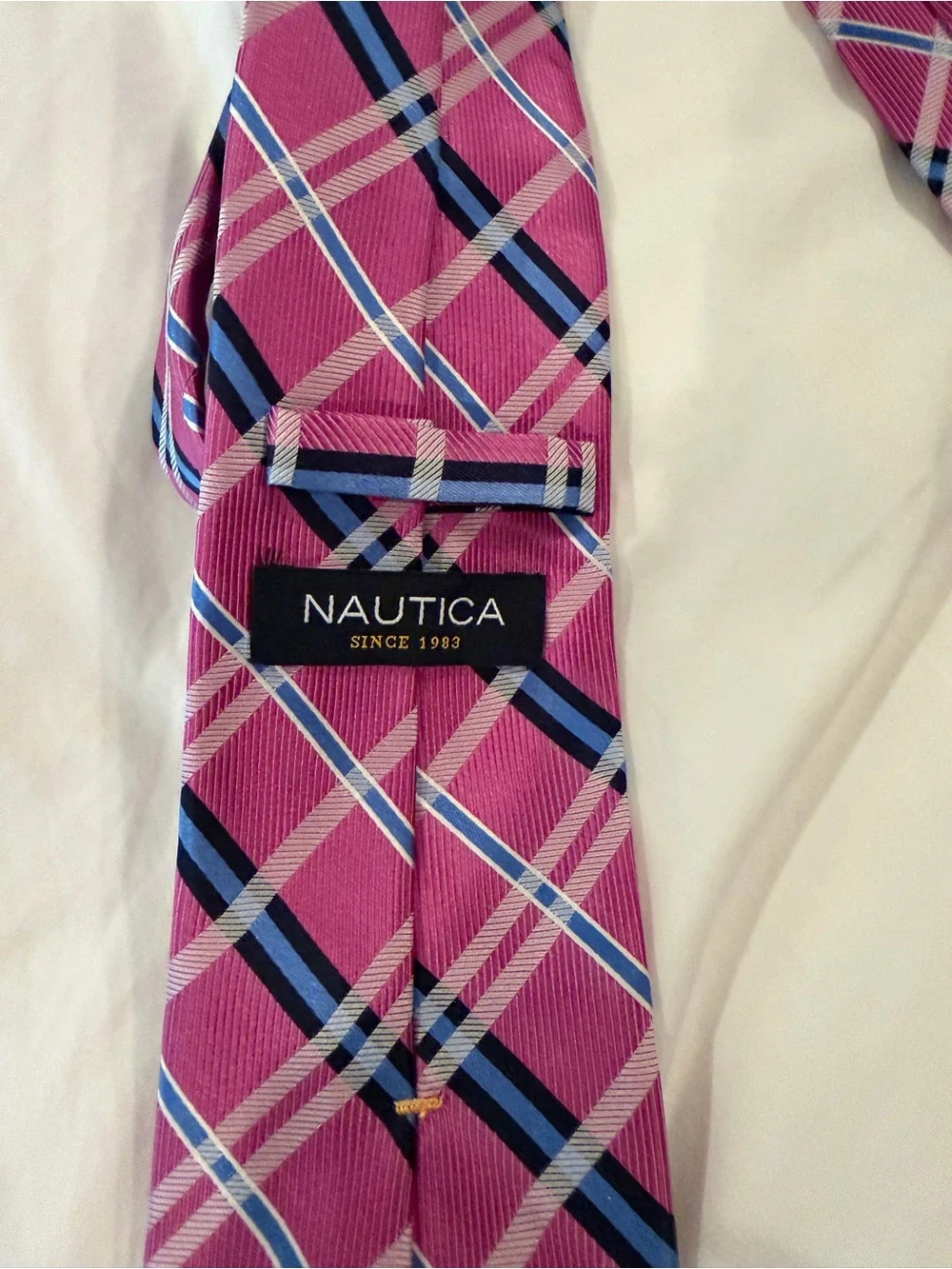 Nautica Pink Plaid Tie with Navy and White Stripes